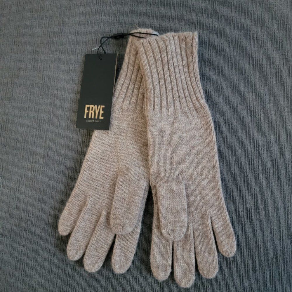 Frye Leather Patch Long Knit Wool Gloves Logo Cognac Brown Tan Size L/XL